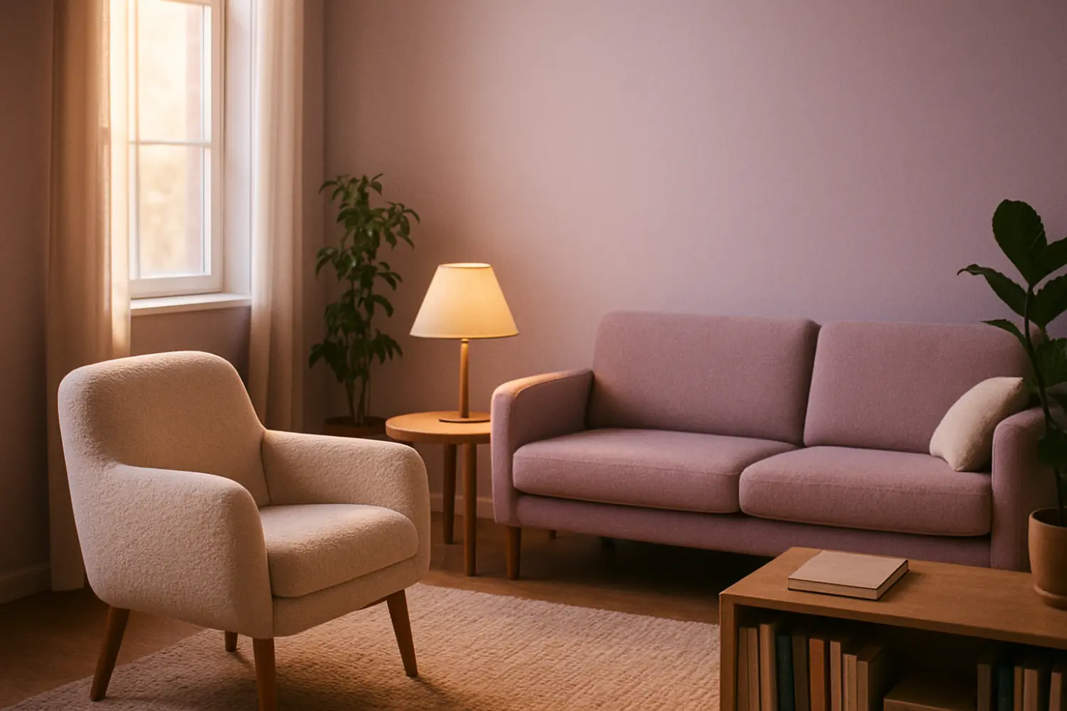 Consultório de psicologia acolhedor em tons de lavanda, com poltrona, sofá e abajur de luz quente